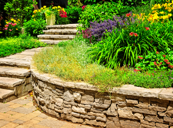 A residential garden including retaining walls, with retaining wall caps, and steps made of natural stone landscaping